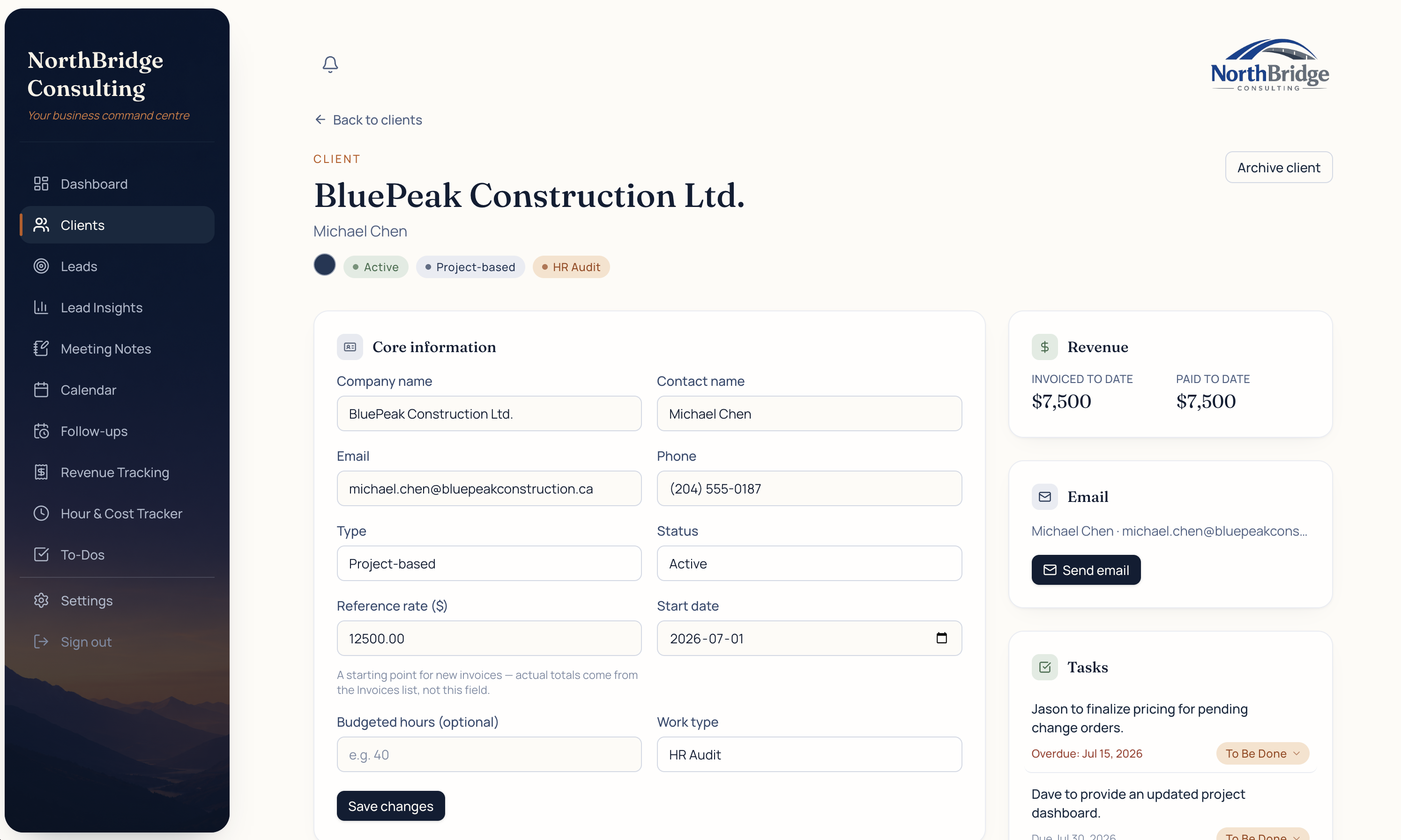 The Verclara client detail page open on a desktop