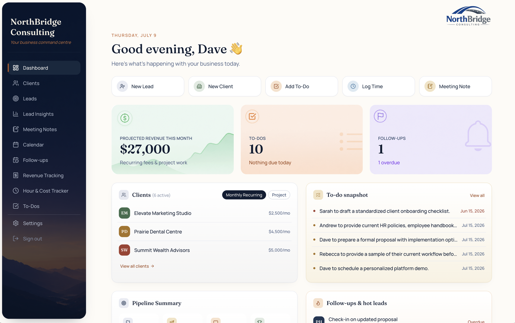 Verclara dashboard for NorthBridge Consulting, showing projected revenue, to-dos, clients, and follow-ups at a glance