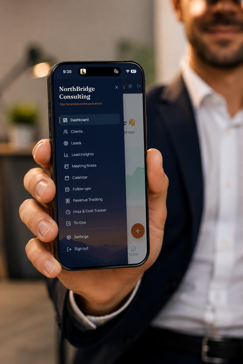 Verclara mobile navigation menu, held in hand